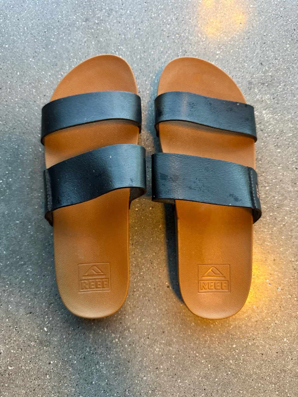 Reef Black Strappy Slide Sandals with Tan Footbed